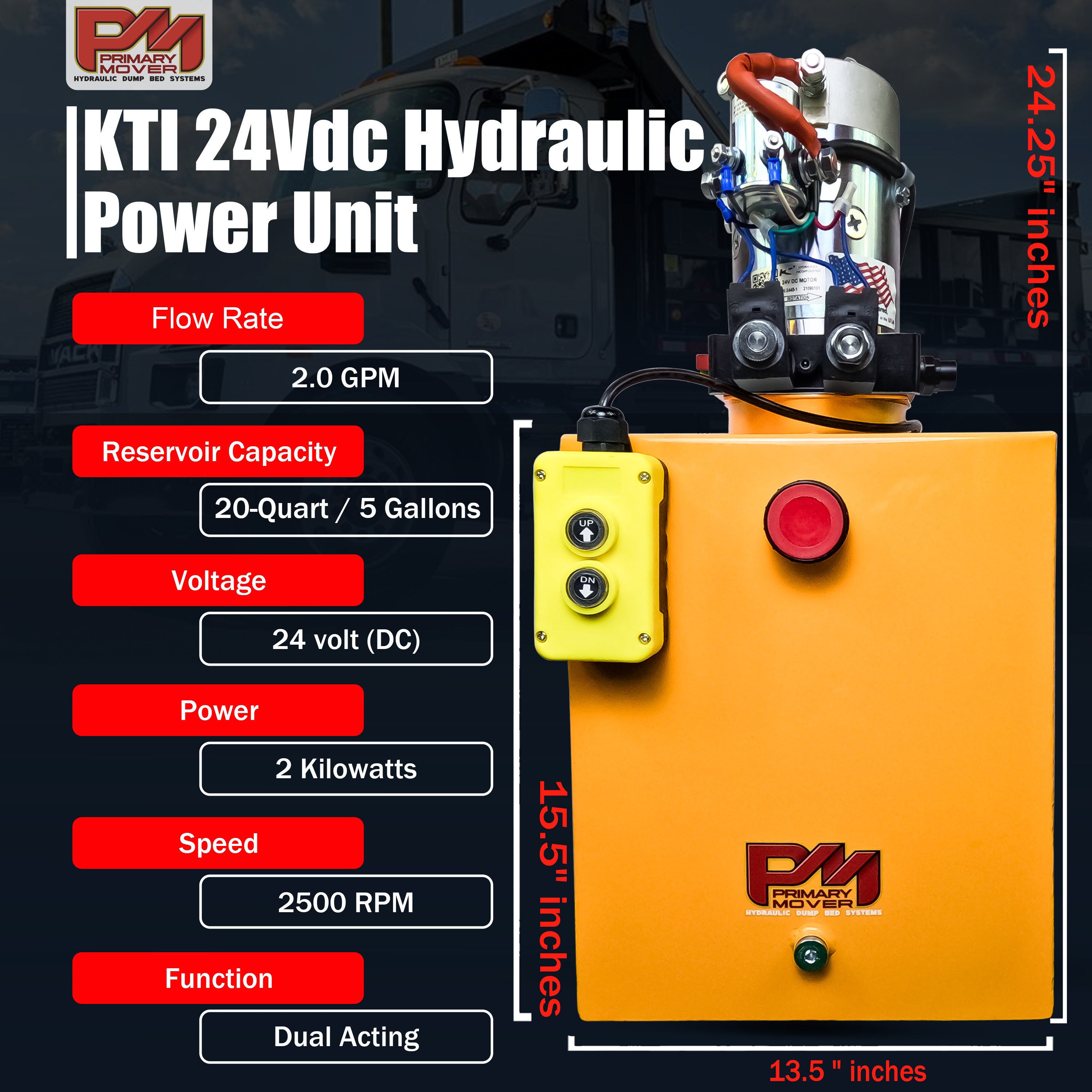 KTI 24Vdc Double Acting Hydraulic Power Unit with steel reservoirs, featuring red operational buttons and a compact yellow machine design for efficient hydraulic control.