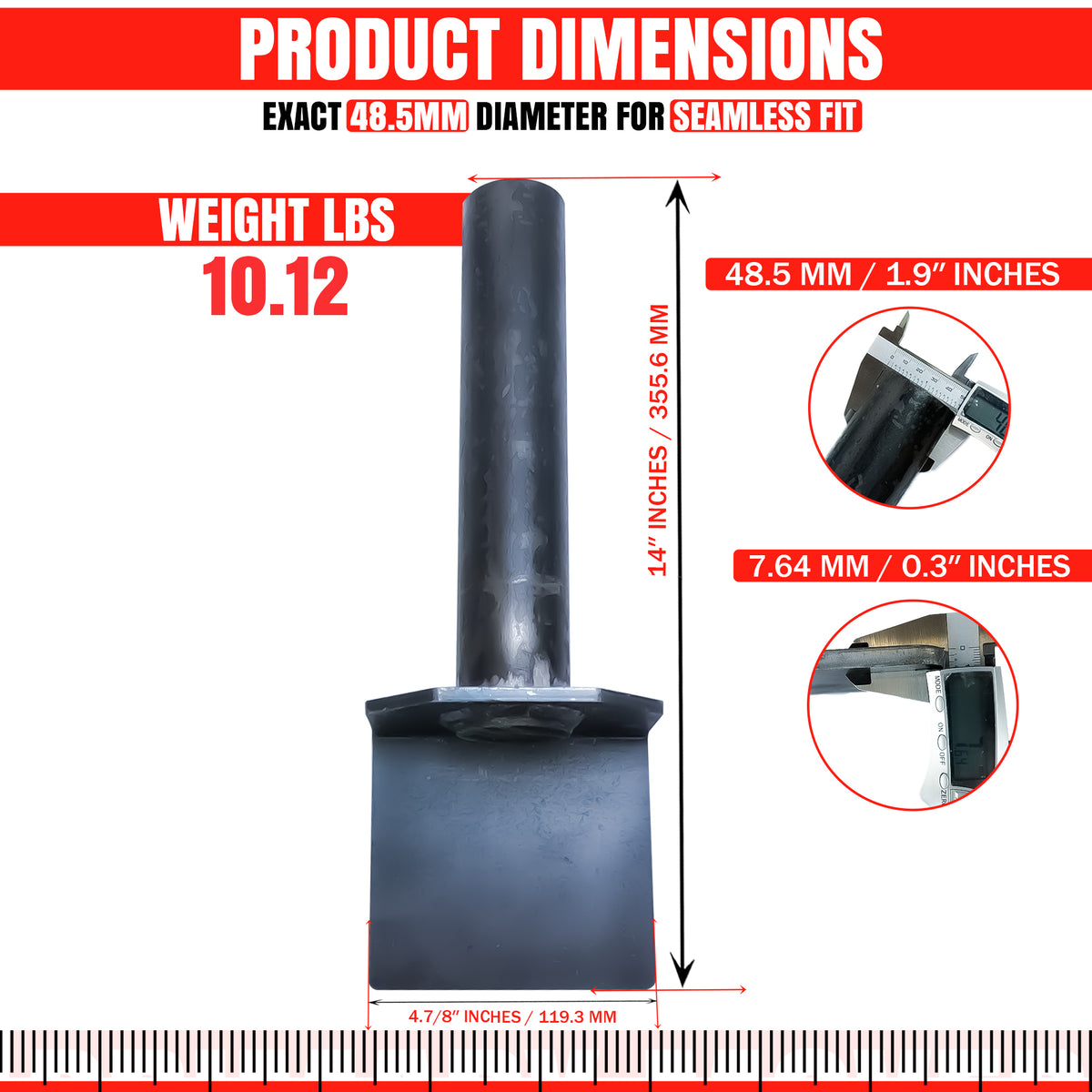 Hoist Hardware 500 Series Dump Bed Kit Saddles (Lower) with durable black metal construction, shown with measuring tape for size reference, ensuring stability for hydraulic systems.