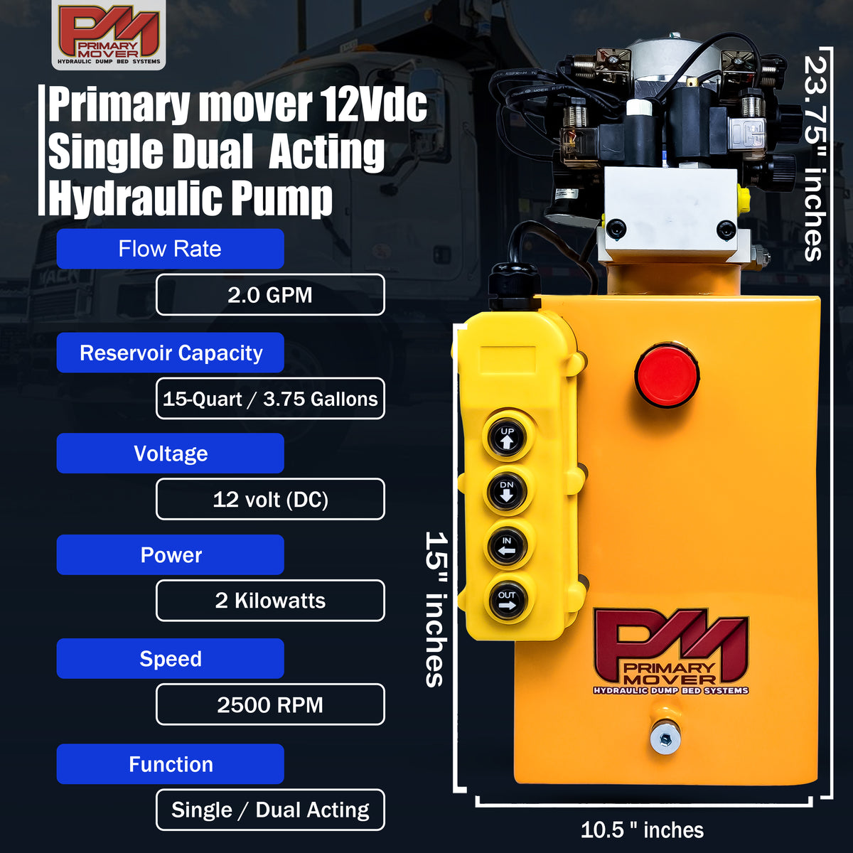 Primary Mover 12Vdc Single Double Pump, featuring a yellow machine with multiple buttons, including a prominent red button for versatile hydraulic applications.