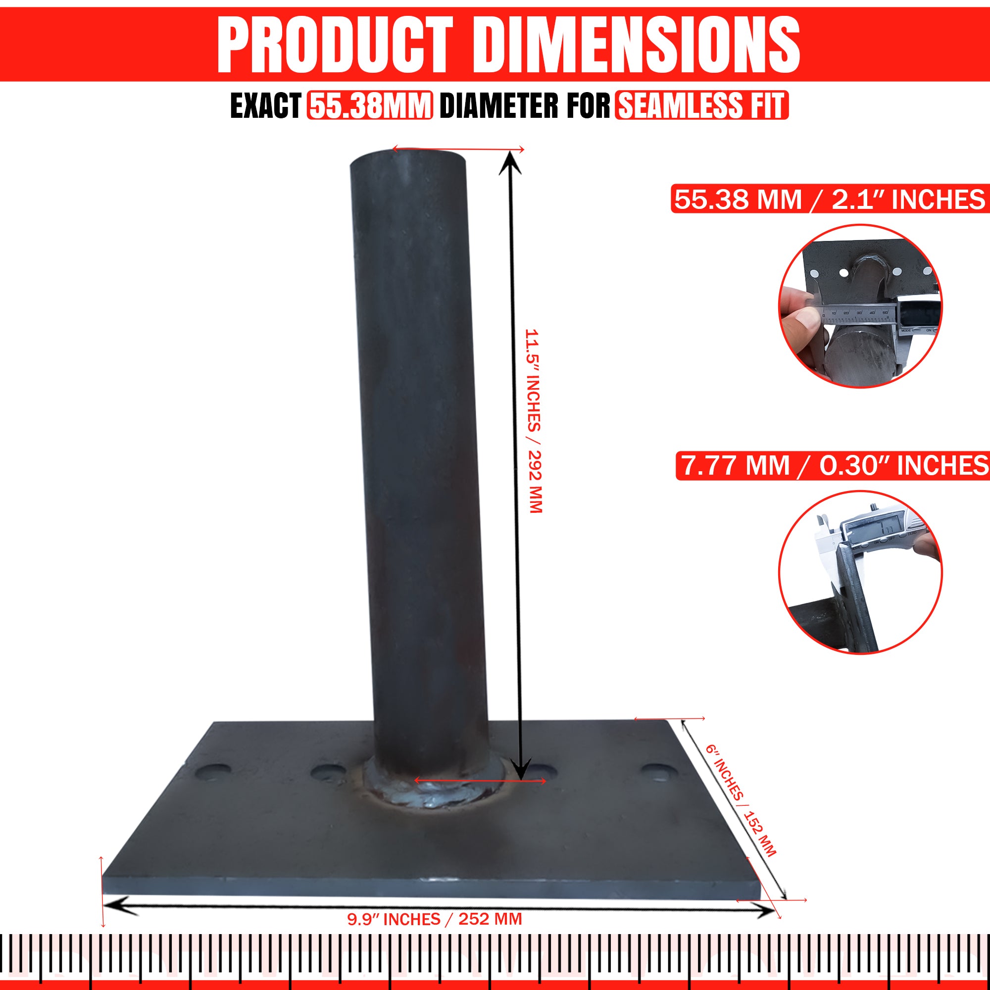 Hoist Hardware 600 Series Dump Bed Kit (Upper); features include a metal pole with measurements, a person using a digital caliper, and a close-up of hardware components.