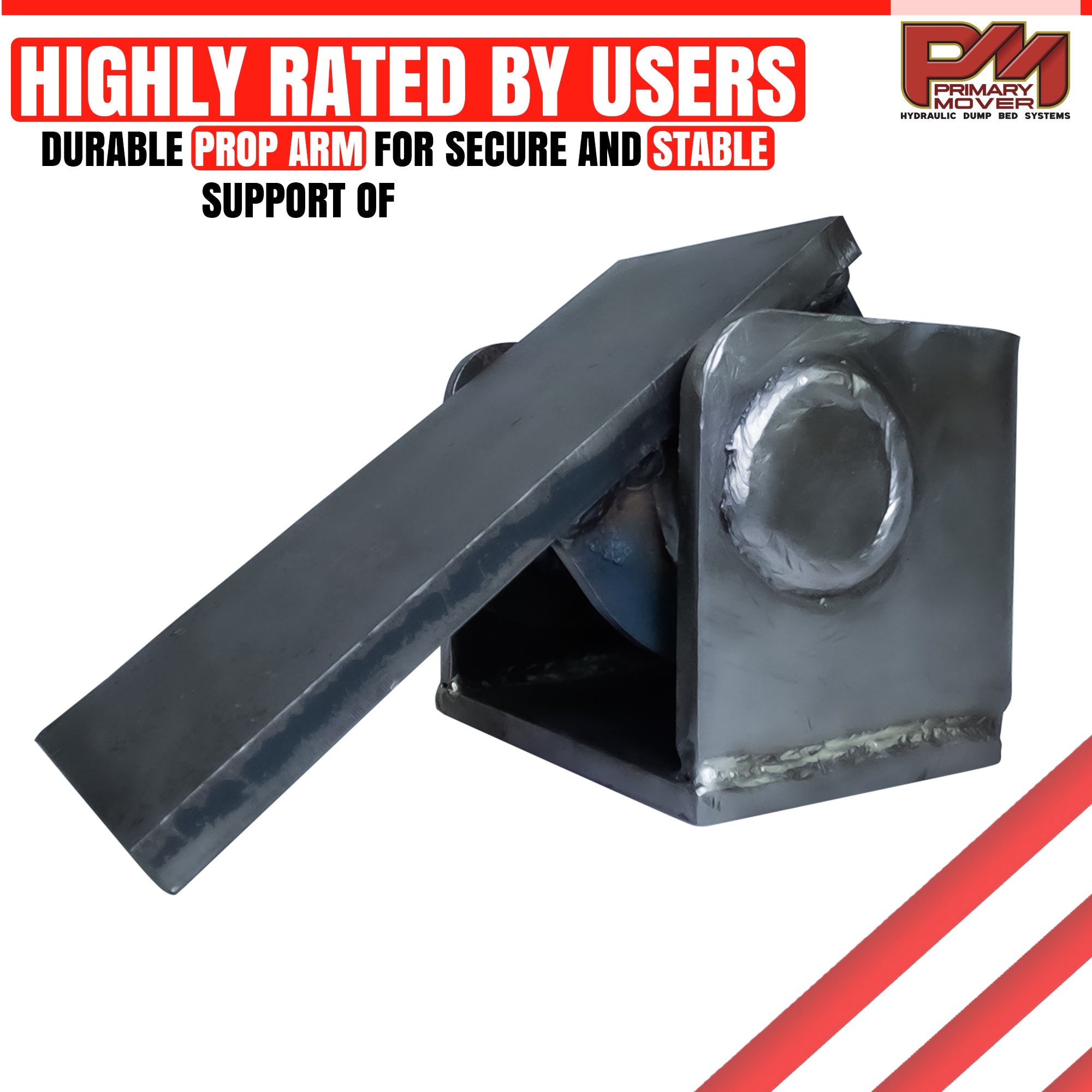 Heavy Duty Hinge: Metal hinge with open lid, designed for welding and extreme lifting, included in 600 series hydraulic dump bed kits.