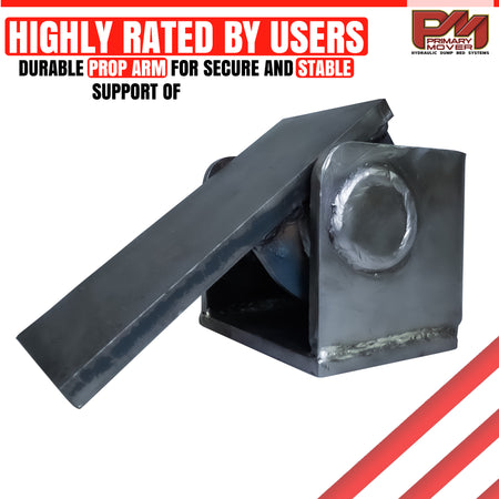 Heavy Duty Hinge: Metal hinge with open lid, designed for welding and extreme lifting, included in 600 series hydraulic dump bed kits.