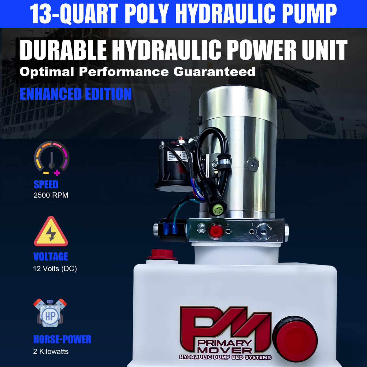 DLH 12V Single-Acting Hydraulic Pump with Poly Reservoir, featuring red buttons and text, designed for efficient hydraulic power in dump bed trailers and trucks.