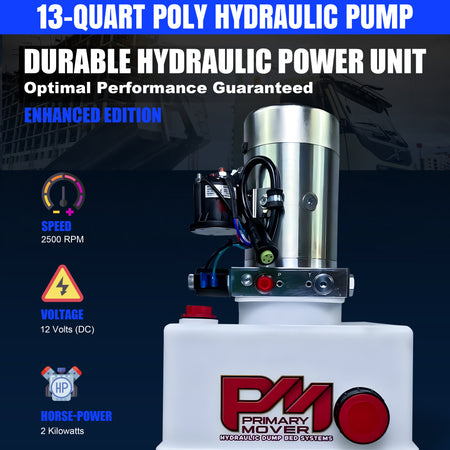 DLH 12V Single-Acting Hydraulic Pump with Poly Reservoir, featuring red buttons and text, designed for efficient hydraulic power in dump bed trailers and trucks.