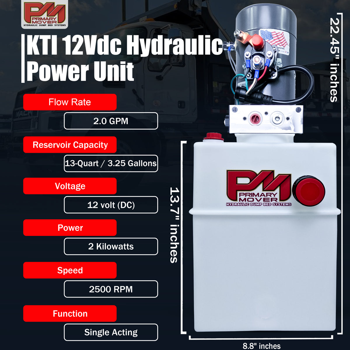 KTI 12V Single-Acting Hydraulic Pump – Poly Reservoir, shown in a compact, white design with visible red text, ideal for hydraulic dump bed systems.