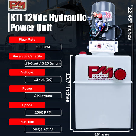 KTI 12V Single-Acting Hydraulic Pump – Poly Reservoir, shown in a compact, white design with visible red text, ideal for hydraulic dump bed systems.