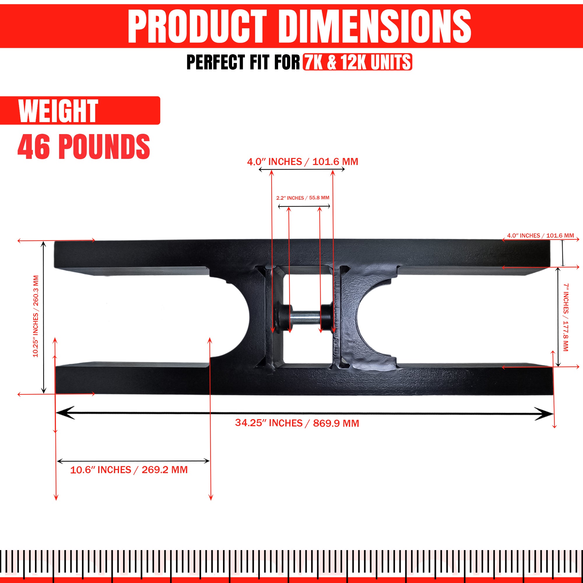 Telescopic H Bracket for hydraulic dump beds, black metal with red text, engineered for stability and compatibility with 7k and 12k telescopic cylinder kits.