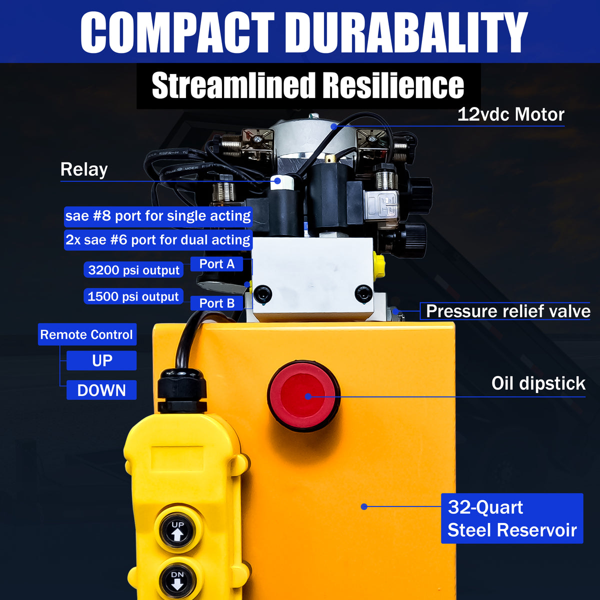 Primary Mover 12Vdc Single Double Pump with red and black buttons, designed for single-acting and dual-acting hydraulic applications, ensuring efficient and versatile operation.