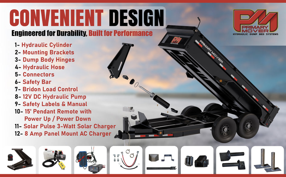 Hydraulic Scissor Hoist Kit - 8 Ton Capacity - Fits 10-14' Dump Body | PF-516: Trailer with attached hoist components - cylinder, mounting brackets, hydraulic pump, safety features, and remote control.