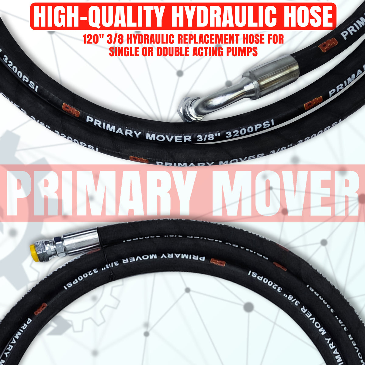 Close-up of a hydraulic pump 3/8 hose with fittings, showcasing the Single Acting Pump 3/8 Hose Kit compatible with single acting hydraulic power units.