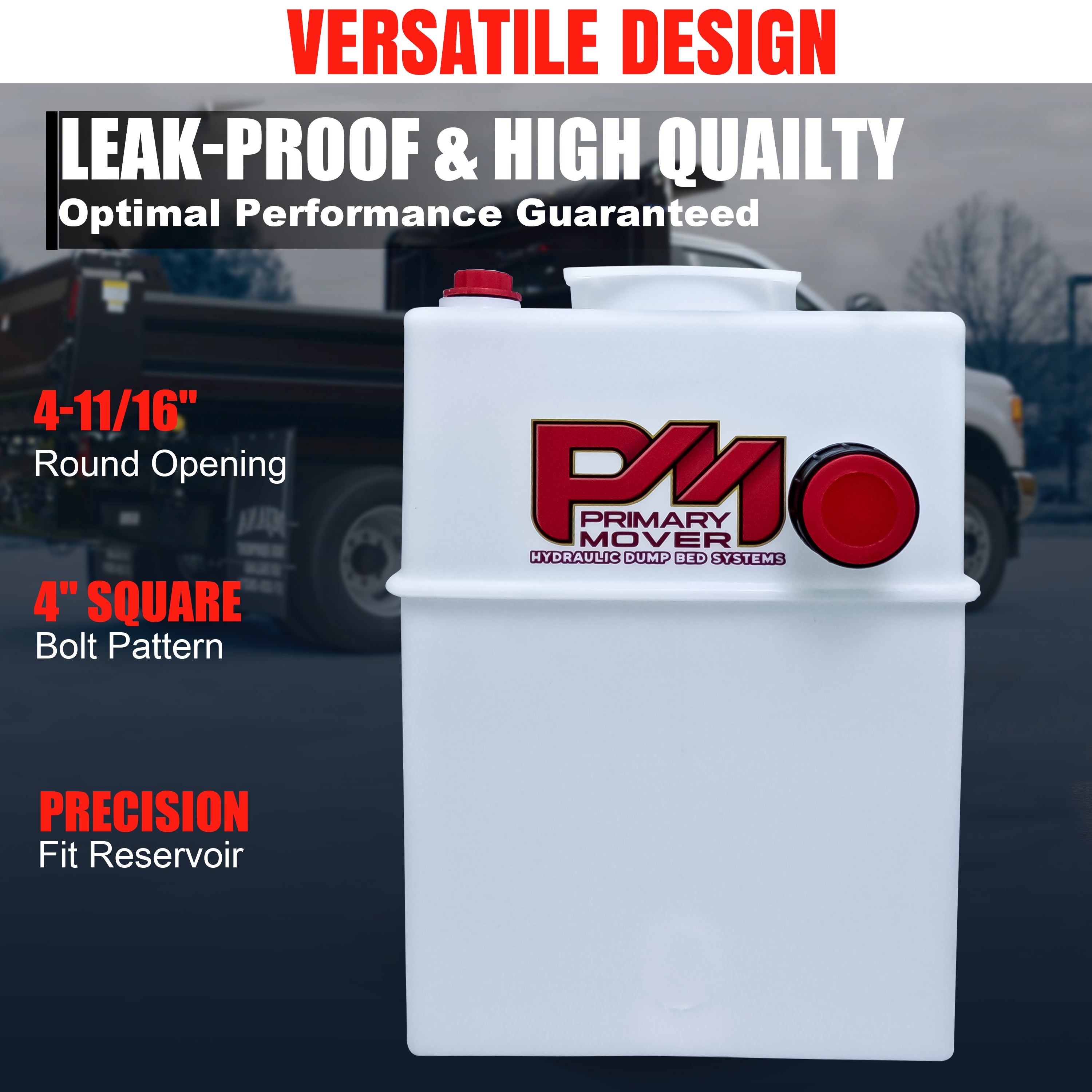 White container with red knobs and text, featuring a close-up logo. Product: 12Vdc Hydraulic Power Unit Replacement Reservoir 13 Quart Poly (Square).