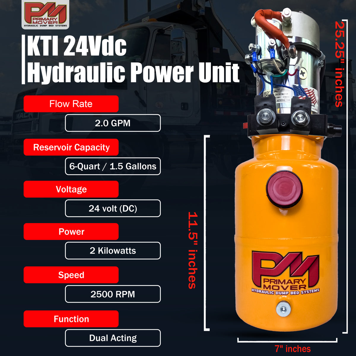 KTI 24Vdc Double Acting Hydraulic Power Unit with Steel Reservoirs, featuring red buttons, detailed labels, and a close-up of the container's components.