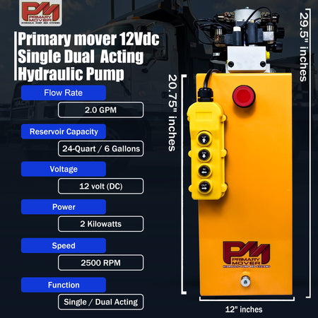 Primary Mover 12Vdc Single Double Pump with a yellow control panel featuring buttons and numbers for versatile hydraulic applications.