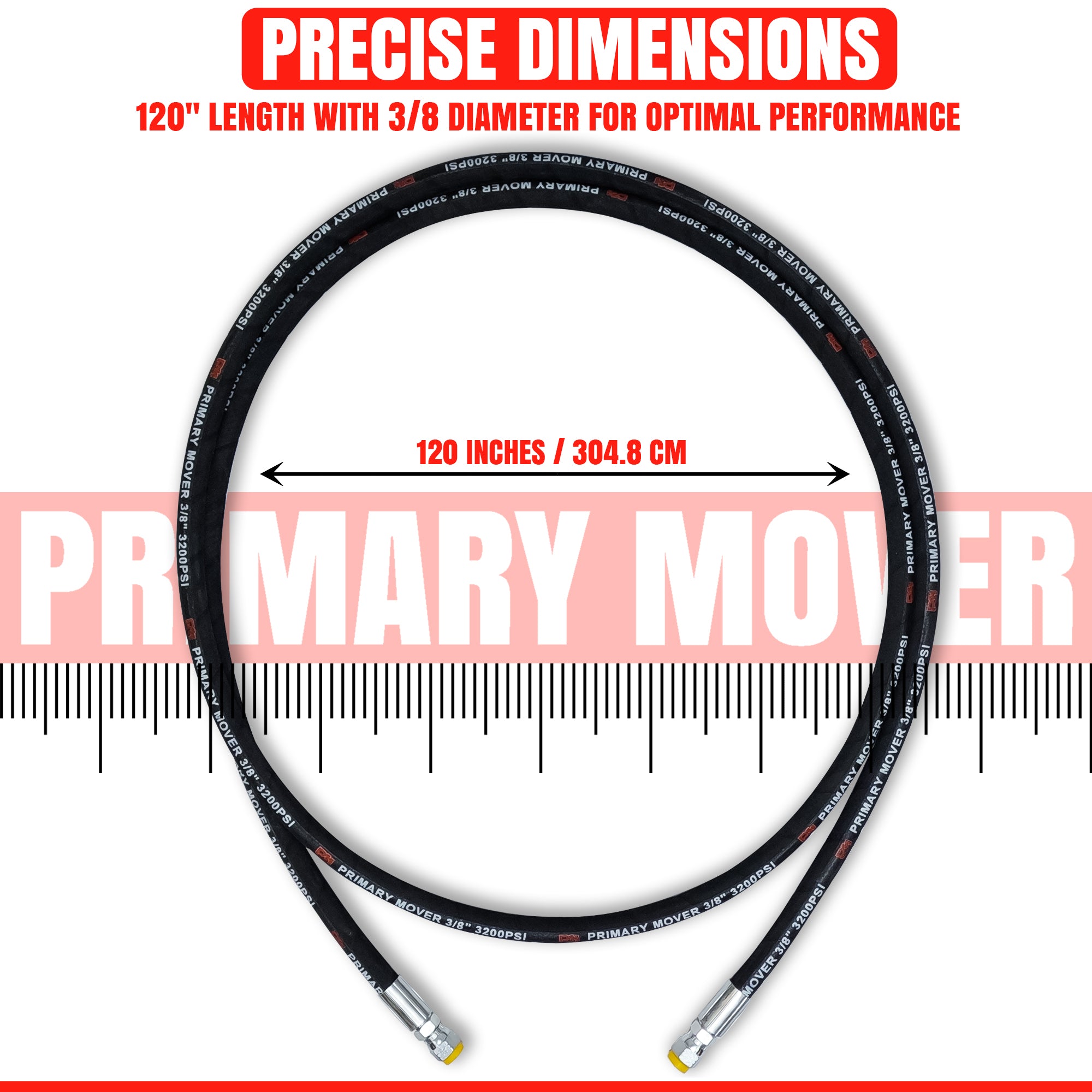 120 3/8 hydraulic hose with two straight ends, shown with measuring ruler and descriptive text.