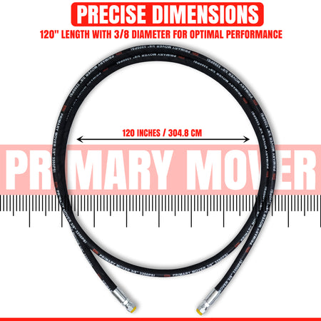 120 3/8 hydraulic hose with two straight ends, shown with measuring ruler and descriptive text.