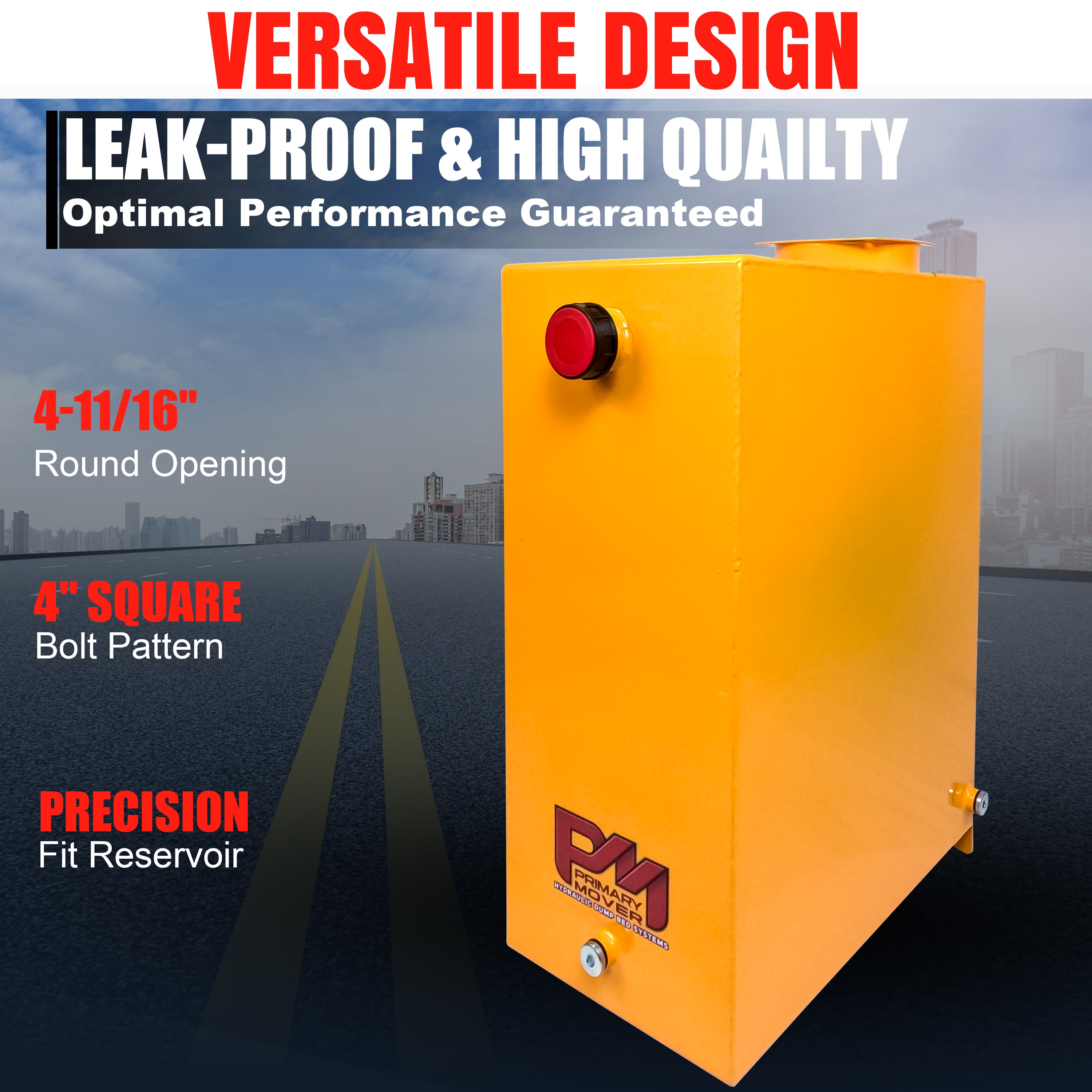 Hydraulic Power Unit Replacement Reservoir 24 Quart Steel, featuring a yellow rectangular box with a red button, designed for various hydraulic systems and applications.