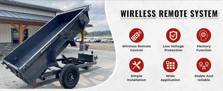 Kar-Tech Wireless Remote System shown with a black trailer, tire close-up, and red logos. This system controls hydraulic pumps from up to 300 feet away.