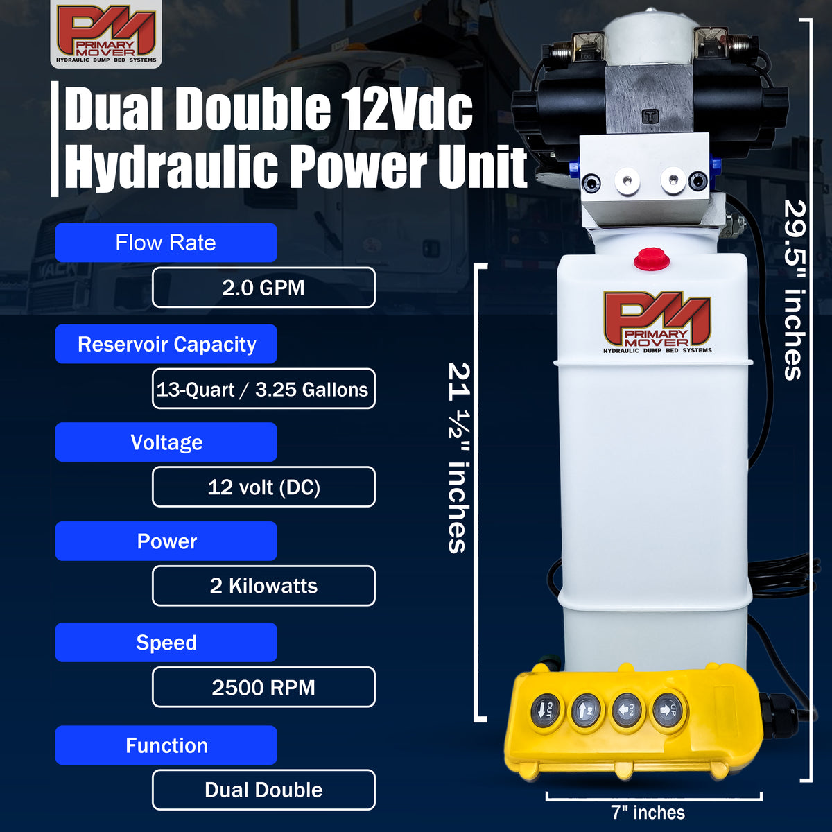 Primary Mover 12V Dual Double-Acting Hydraulic Dump Trailer Pump, showcasing compact design, user-friendly controls, and robust construction for efficient hydraulic operations.