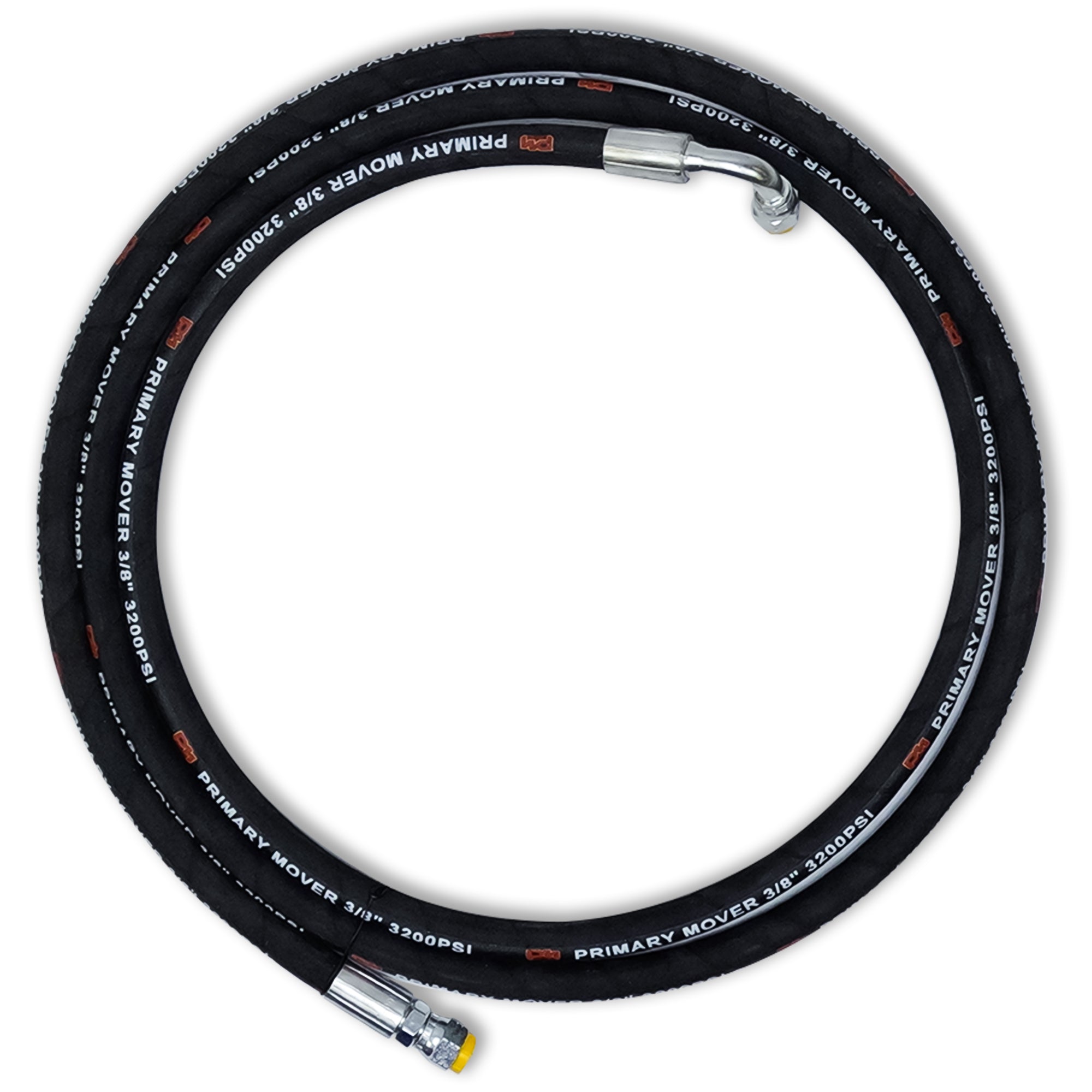 120'' 3/8 Hydraulic Hose featuring one straight and one 90-degree JIC female swivel, with silver metal fittings for Single or Double Acting Hydraulic Pumps.