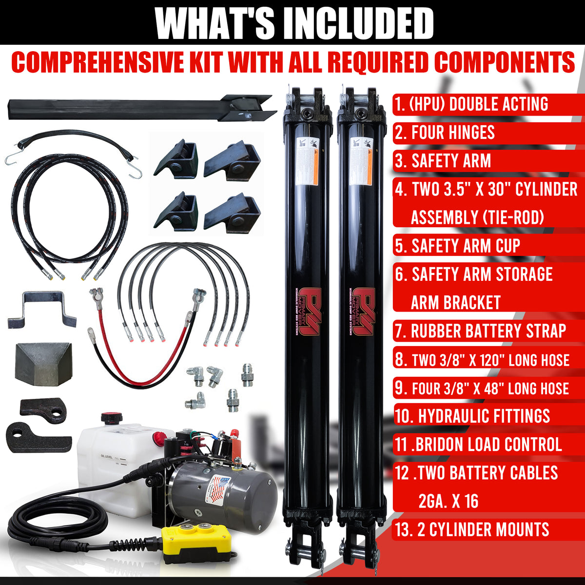 Dual 3.5 x 30 Cylinders Direct Push Lift Kit | PFK-3530-2DP, featuring hydraulic power unit, hoses, battery cables, and cylinder supports for superior trailer lifting performance.