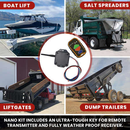 Kar-Tech Wireless Remote System collage showing close-ups of the remote control, trailers, and a truck, illustrating its application in controlling hydraulic pumps remotely.