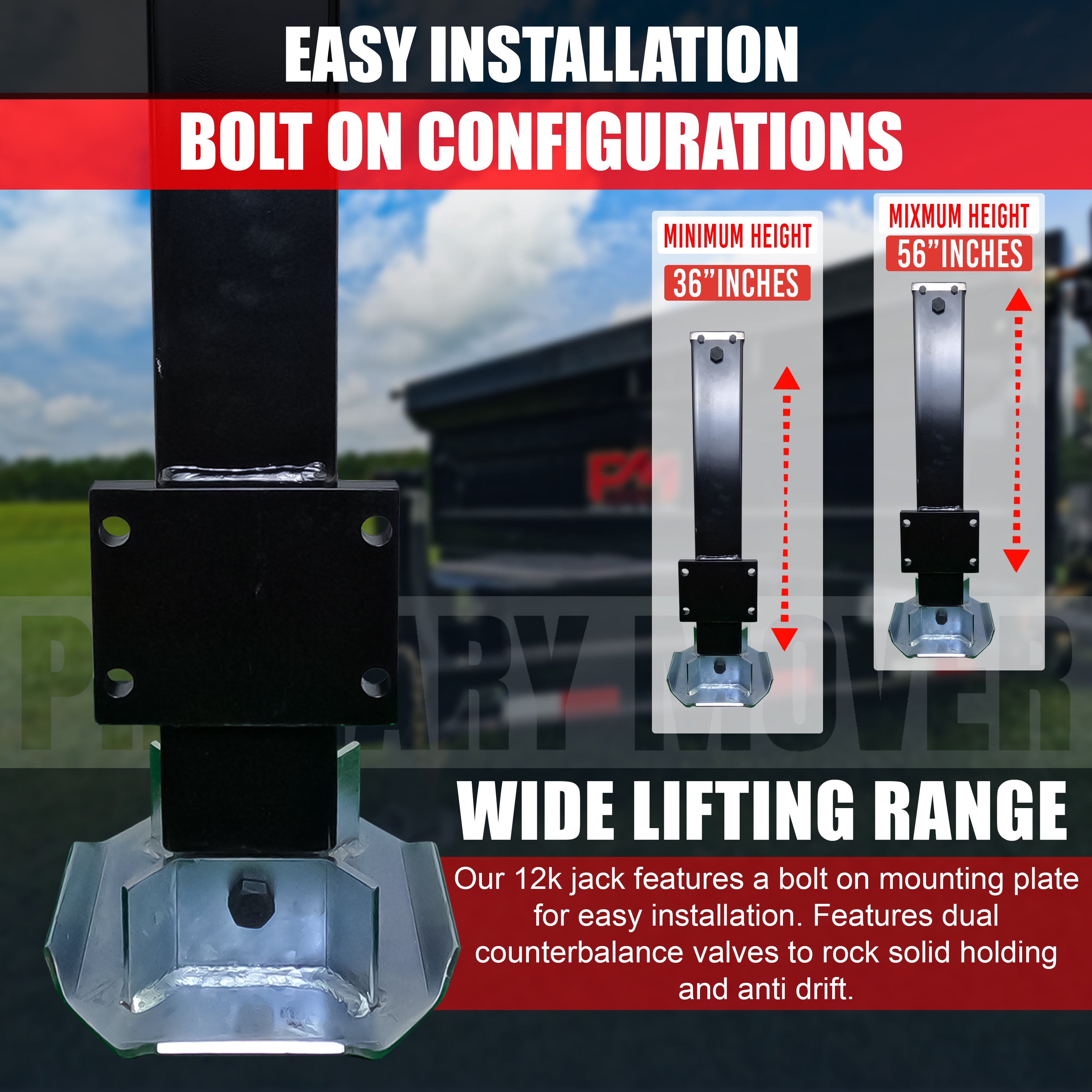 12k Hydraulic Trailer Jack Weld On or Bolt On featuring a robust metal post with a hydraulic system, zinc-plated components, and load holding valve for stability.