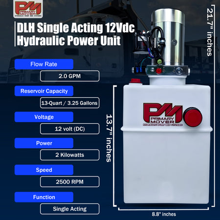 DLH 12V Single-Acting Hydraulic Pump with Poly Reservoir, featuring a white container, silver cylinder, and black text, ideal for dump bed trailers and trucks.