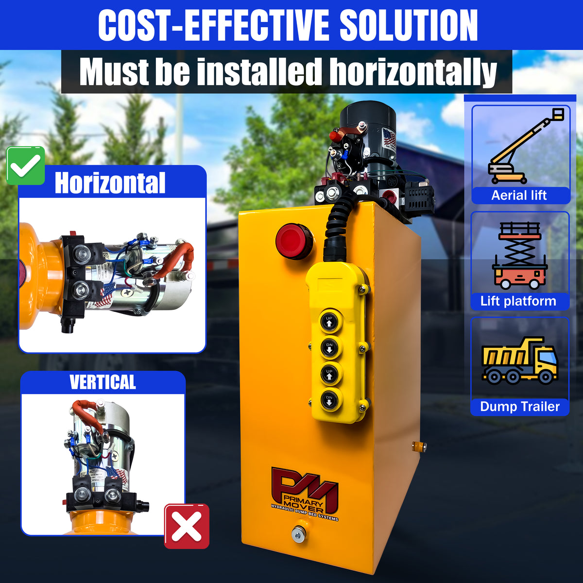 KTI 12vdc Single/Double Hydraulic Power Unit, a yellow machine with multiple buttons, designed for versatile hydraulic applications, including single-acting dump trailers and double-acting jacks.