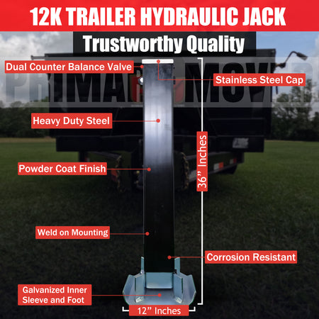 12k Hydraulic Trailer Jack Weld On or Bolt On with a powerful hydraulic system, load holding valve for stability, and zinc-plated components for durability.