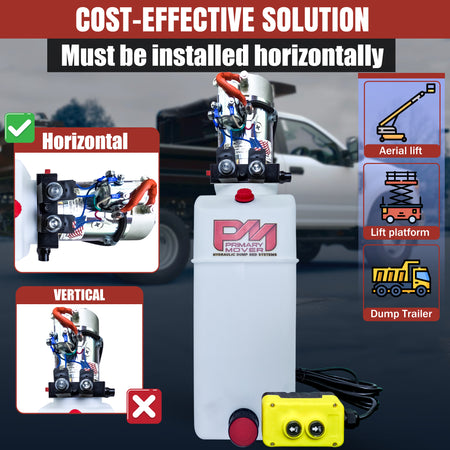 KTI 24Vdc Double Acting Hydraulic Power Unit with poly reservoirs, featuring a compact, durable design and easy maintenance, ideal for dump trucks, trailers, and military vehicles.