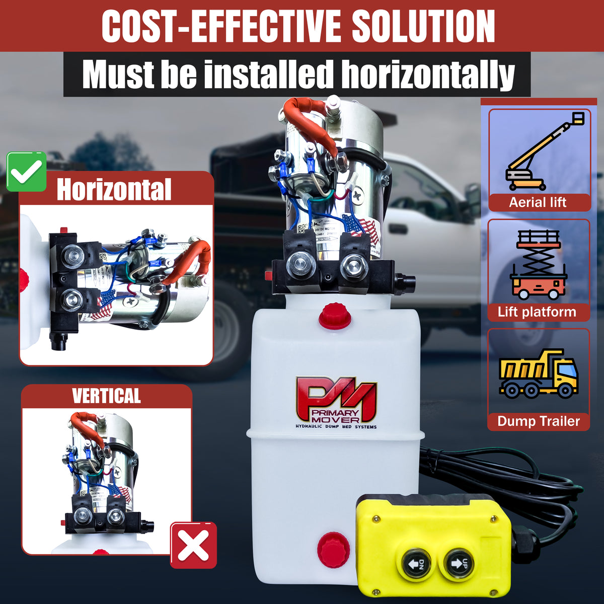 KTI 24Vdc Double Acting Hydraulic Power Unit with poly reservoirs, featuring a compact white container, yellow and black device, and wires.