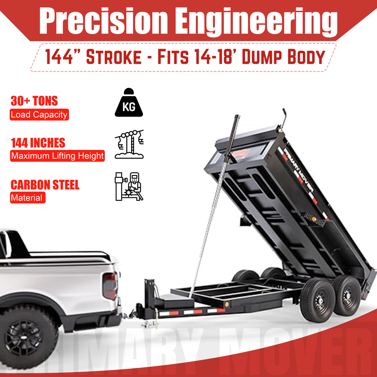 Telescopic Dump Trailer Cylinder Kit - 30 Ton Capacity - 144 Stroke. Includes cylinder, hydraulic unit, fittings, and safety features. Shown attached to a truck and trailer.