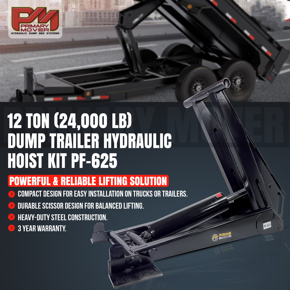 12 Ton HD Hydraulic Scissor Hoist Kit PF-625 shown with black trailer, hydraulic lift, and close-up of tire, designed for extreme durability and heavy loads.