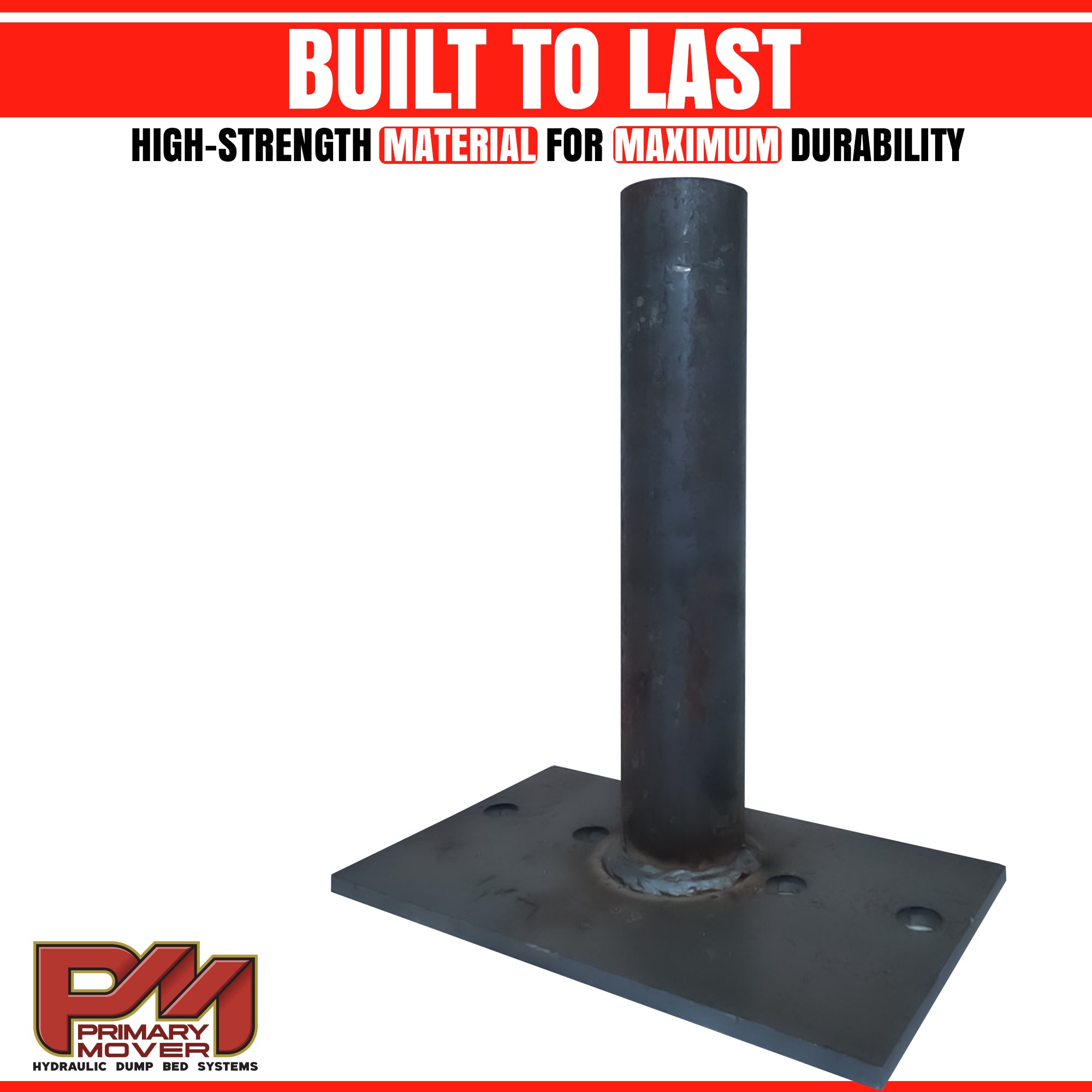 Hoist Hardware 600 Series Dump Bed Kit (Upper): A sturdy metal pole with a square base and holes, designed for truck and trailer hydraulic systems.