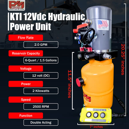 KTI 12V Double-Acting Hydraulic Pump - Steel Reservoir with red and black buttons, compact design, and dual-action functionality for efficient hydraulic dump bed systems.