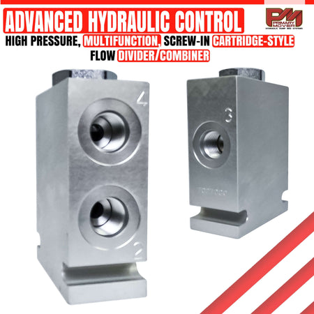 Hydraulic Pump Flow Divider: Close-up of a metal flow divider/combiner with visible screws and ports, designed for synchronizing hydraulic systems in dual-acting cylinders.