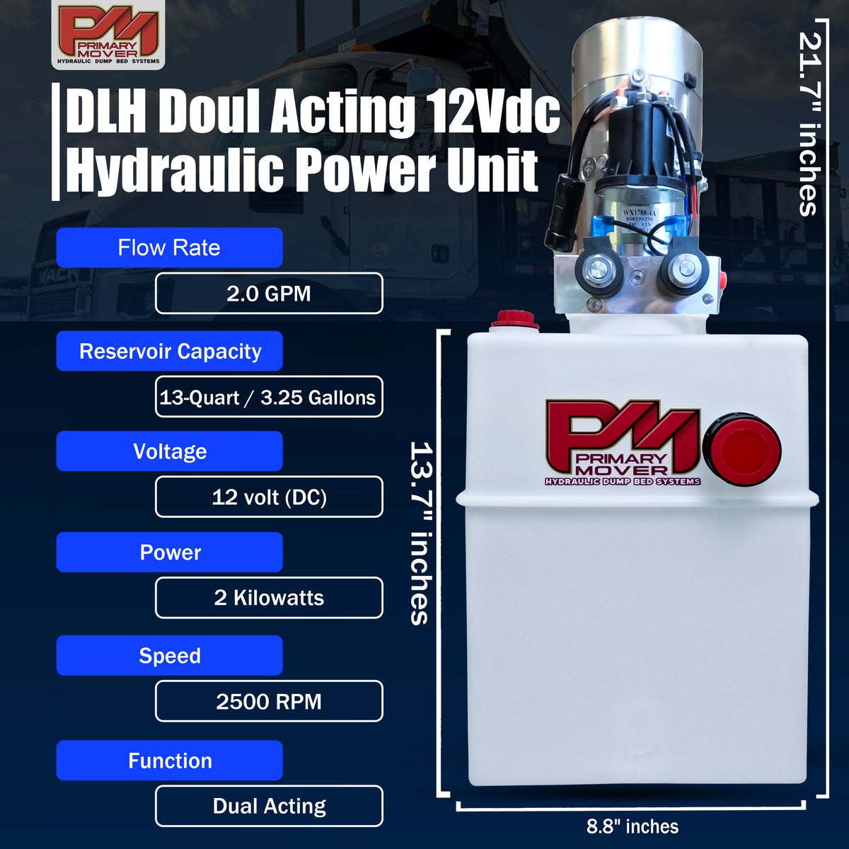 DLH 12V Double-Acting Hydraulic Pump with Poly Reservoir, featuring a robust black cylinder and red logo, designed for efficient hydraulic dump bed operation.