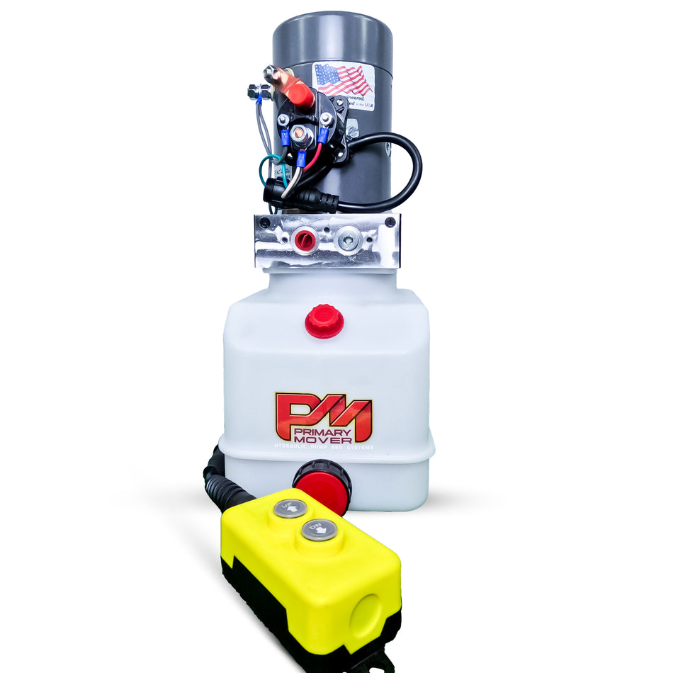 A white machine with a yellow button, part of the KTI 12V Single-Acting Hydraulic Pump - Poly Reservoir for hydraulic dump bed systems. Prioritize visible aspects and product features for accessibility.