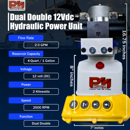 Primary Mover 12V Dual Double-Acting Hydraulic Dump Trailer Pump, featuring user-friendly controls and robust construction for efficient hydraulic operations in dump trailers and trucks.