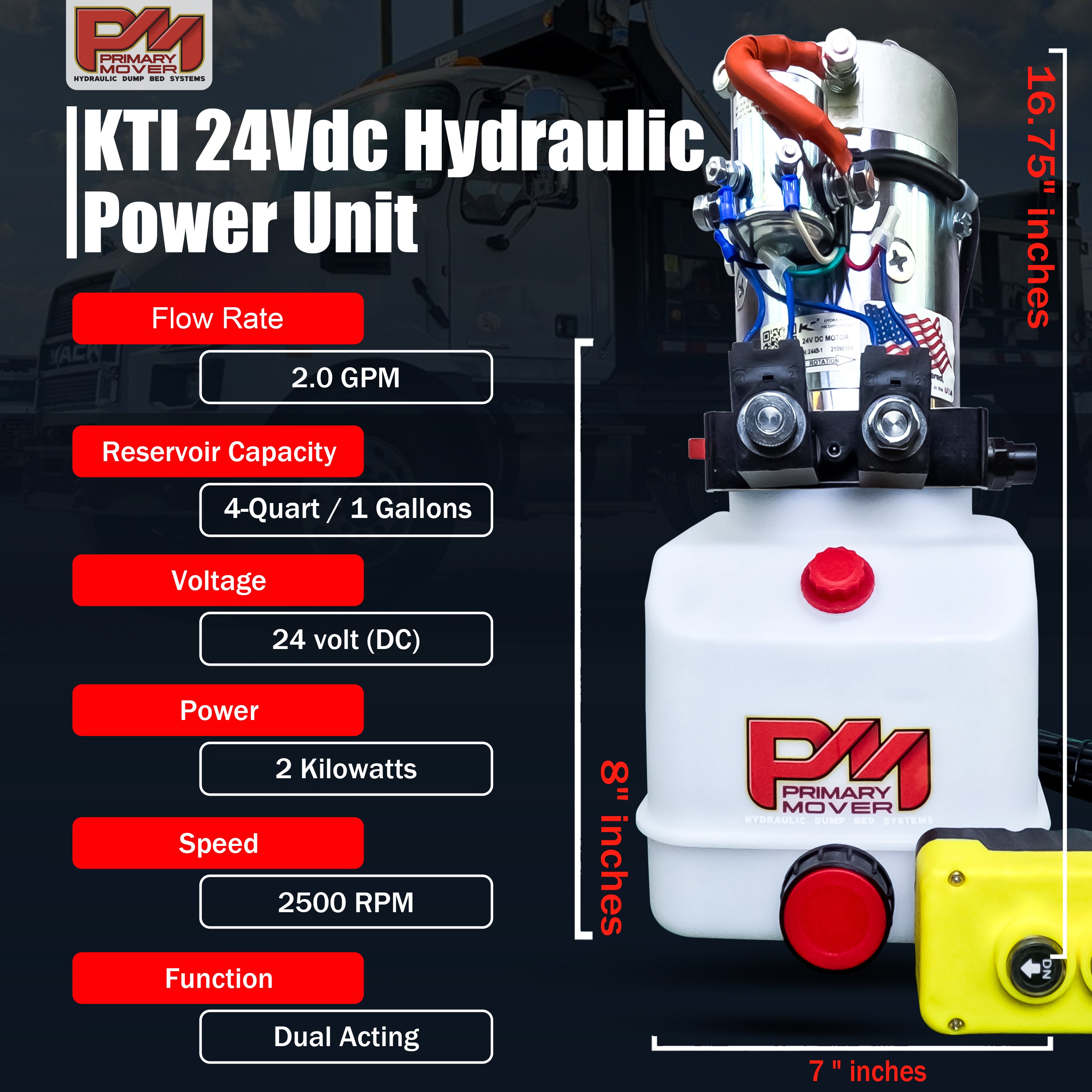 KTI 24Vdc Double Acting Hydraulic Power Unit, featuring a white container with red buttons, ideal for dump trucks and trailers.