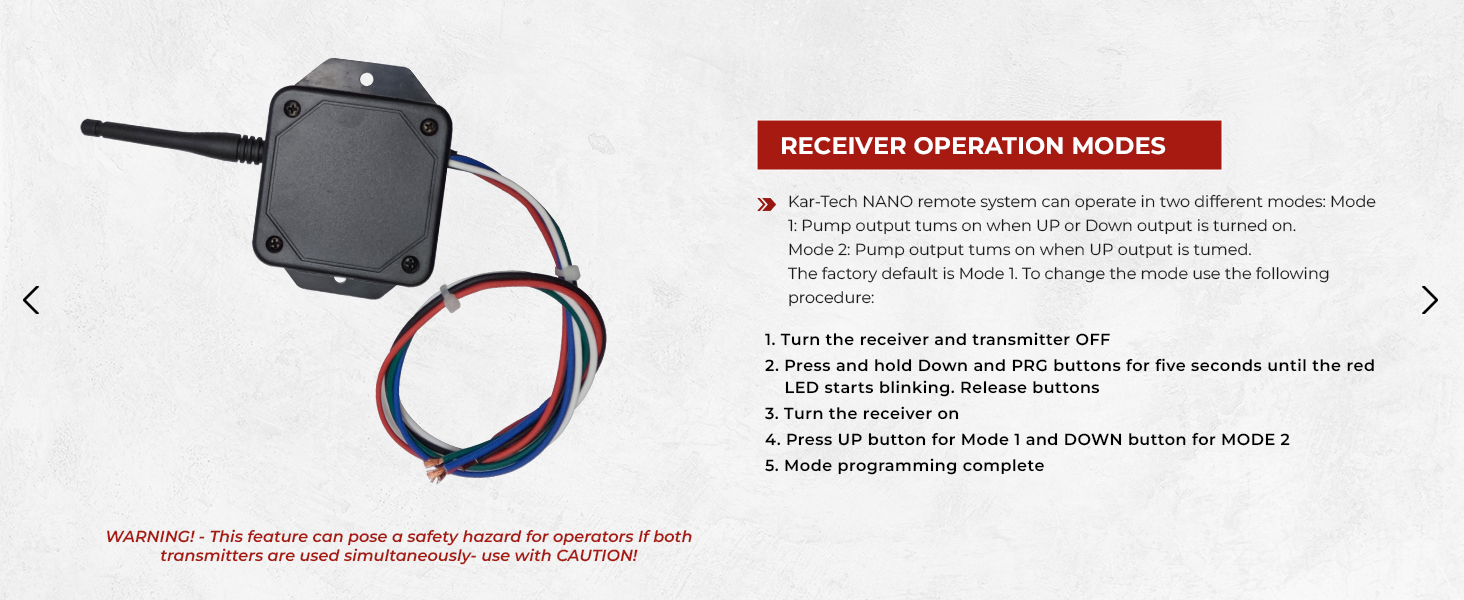 Kar-Tech Wireless Remote System with instructions for controlling hydraulic pumps, featuring a receiver unit, wires, and a close-up of operational details.