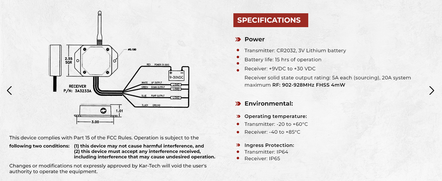 Kar-Tech Wireless Remote System diagram illustrating control features for hydraulic pumps, highlighting on/off outputs and 900MHz FHSS platform for interference-free operation.