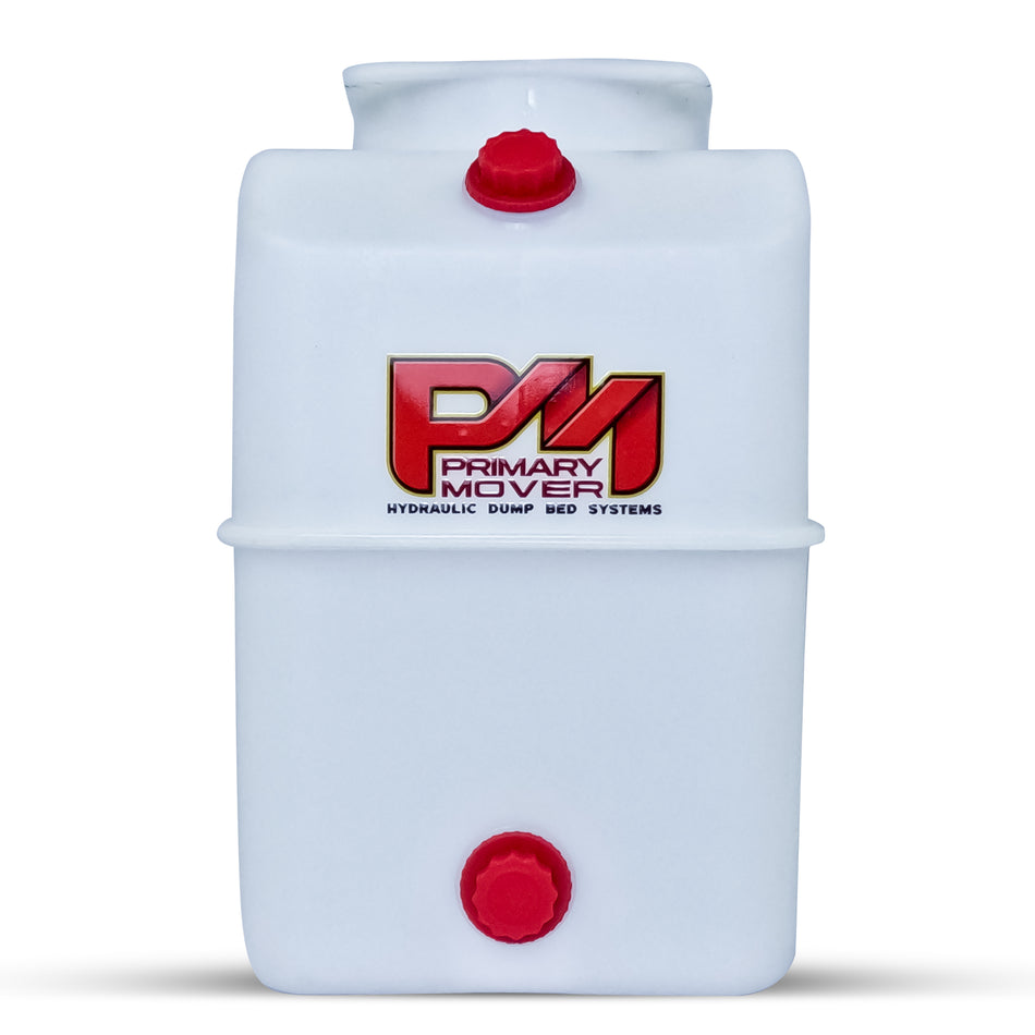 5 Quart Poly Hydraulic Reservoir Tank with plug and breather caps, featuring a 4-11/16 round opening and 4 square bolt pattern for precise fitment. Dimensions: 11.5 L x 7 W x 8.0 H.