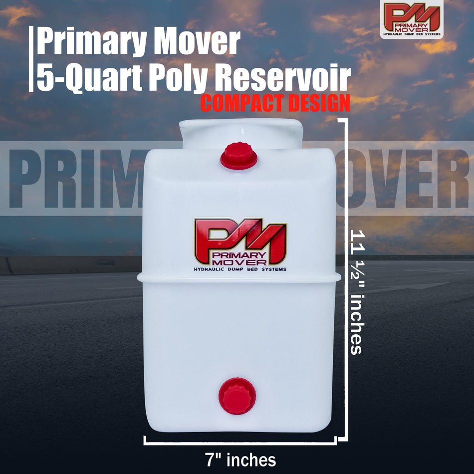 A close-up of a white poly hydraulic reservoir tank with red buttons and a logo. Features a 5-quart capacity and precise measurements for compatibility with various hydraulic systems. Plug and breather caps included for convenience. Dimensions: 11.5 L x 7 W x 8.0 H.