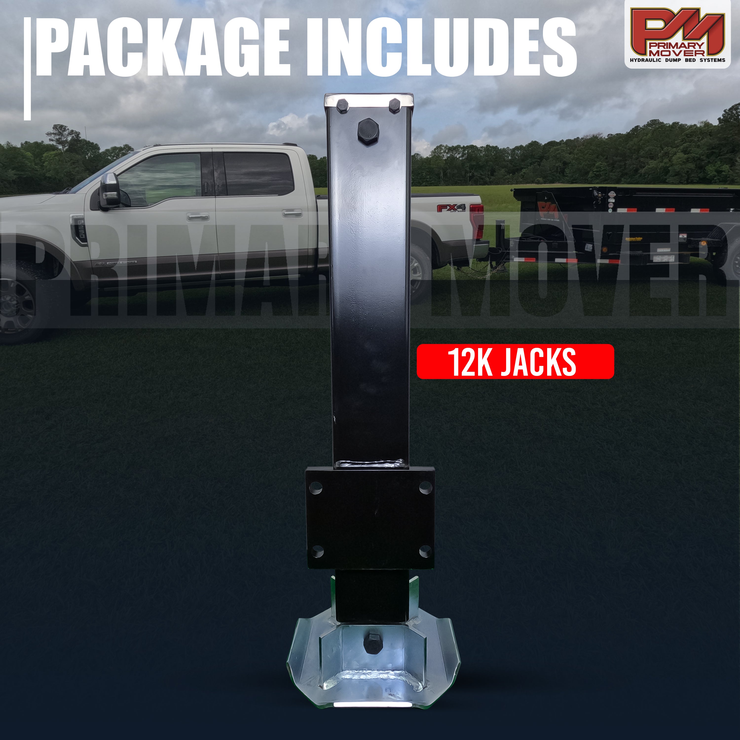 12k Hydraulic Trailer Jack Weld On or Bolt On displayed with a metal post, white truck background, featuring a robust hydraulic system and zinc-plated components for durability.