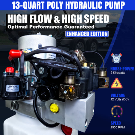 Primary Mover 12Vdc Single Double Pump close-up, showcasing hydraulic components, including a screw, contactor, and safety sign, highlighting the robust and versatile design for hydraulic applications.