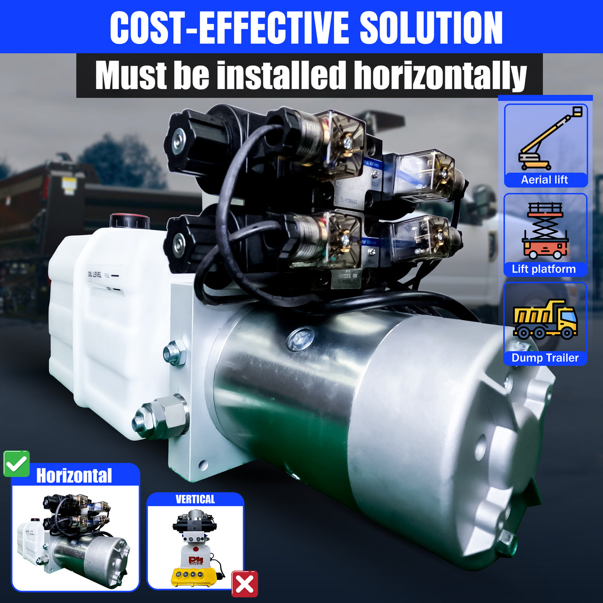 Primary Mover 12V Dual Double-Acting Hydraulic Dump Trailer Pump (Poly) featuring wires, cables, buttons, and compact design for versatile hydraulic applications.