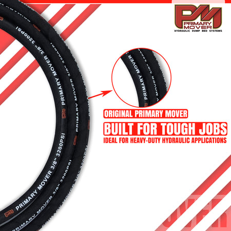 120'' 3/8 Hydraulic Hose with white text, suitable for Single or Double Acting Hydraulic Pumps, shown in close-up detail.