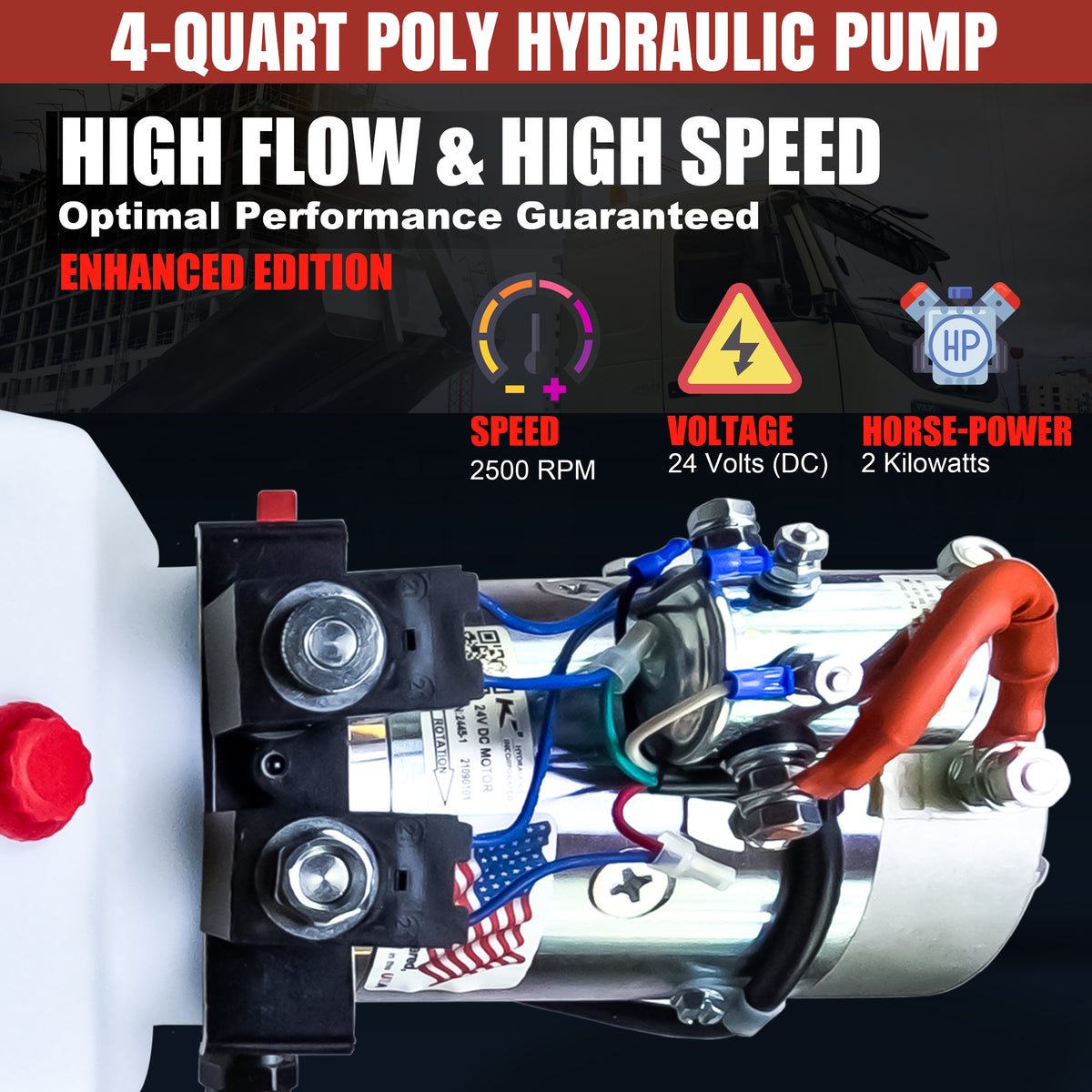 KTI 24Vdc Double Acting Hydraulic Power Unit with visible control components, hydraulic lines, and safety label, designed for heavy-duty applications like dump trucks and trailers.