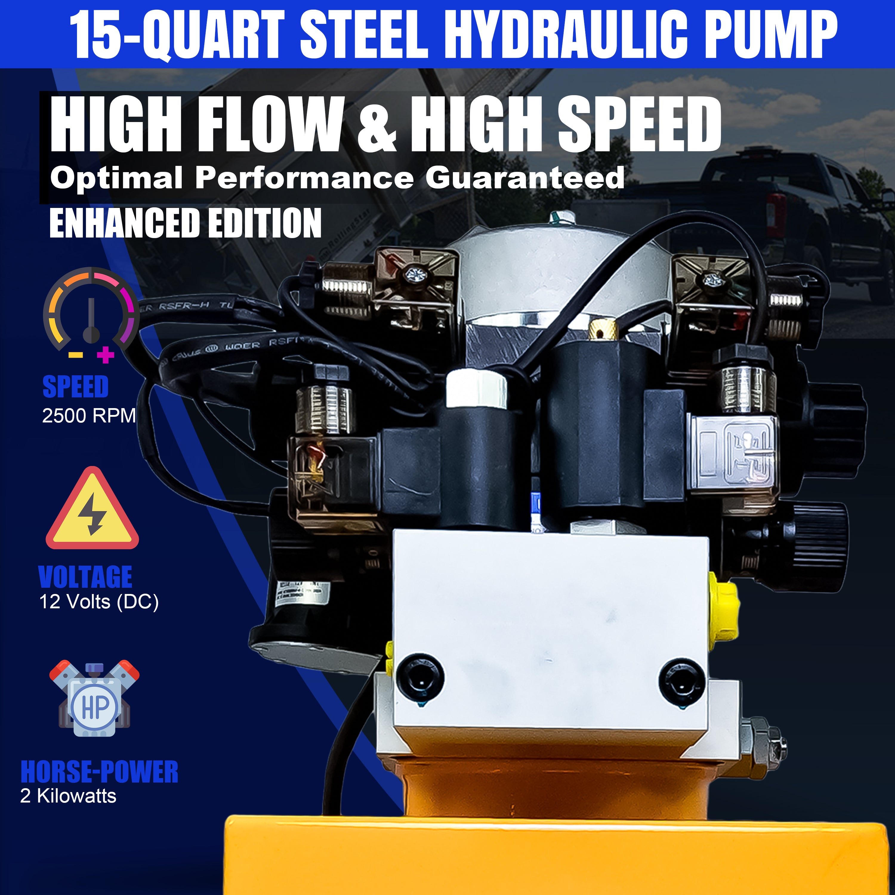 Primary Mover 12Vdc Single Double Pump close-up showing control panel, black components, and a yellow caution symbol for versatile hydraulic applications.